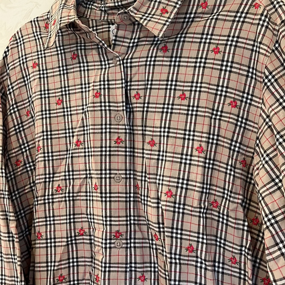 VINTAGE Cabin Creek Brown & Red Plaid Printed Button Down Blouse Size XL